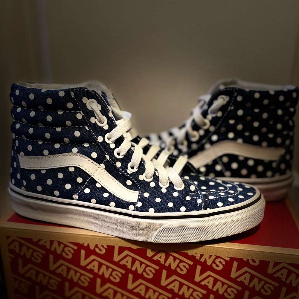 VANS Sk8 Hi Top Denim and White Polka Dot Skate Canvas Shoes